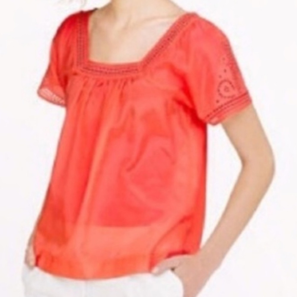 JCREW Square Neck Top Neon Rose Eyelet Peasant Blouse Short Sleeve Size 4
